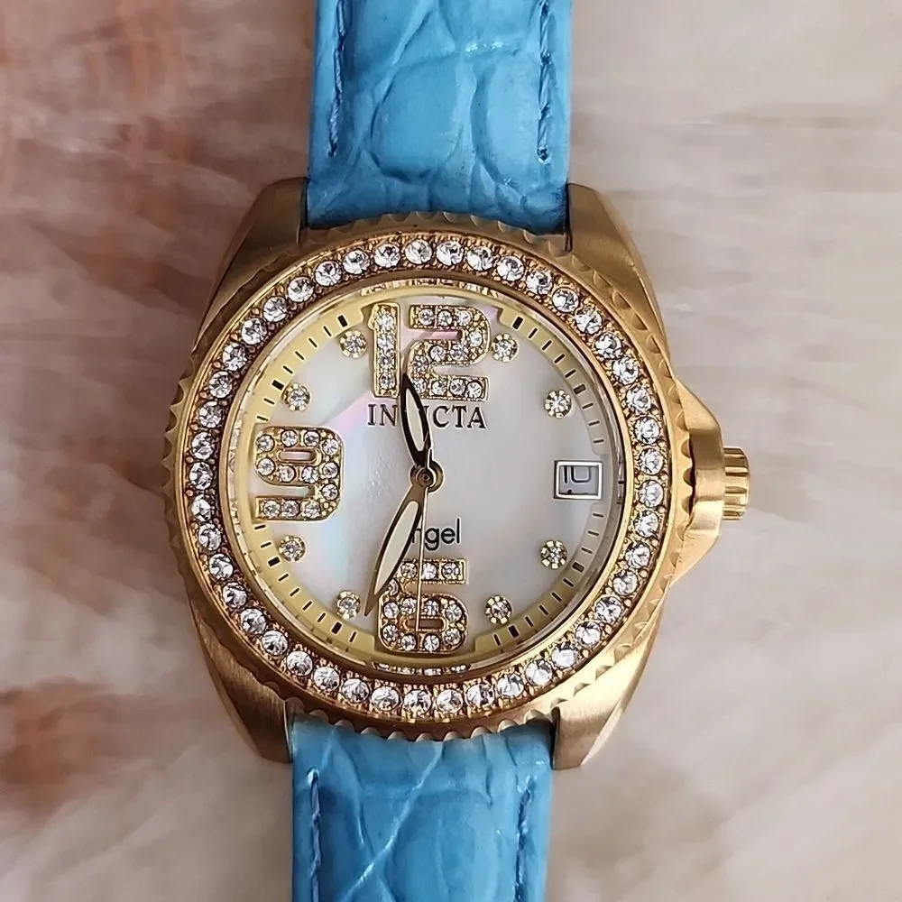 INVICTA Angel Mother of Pearl Dial White Leather Ladies Watch